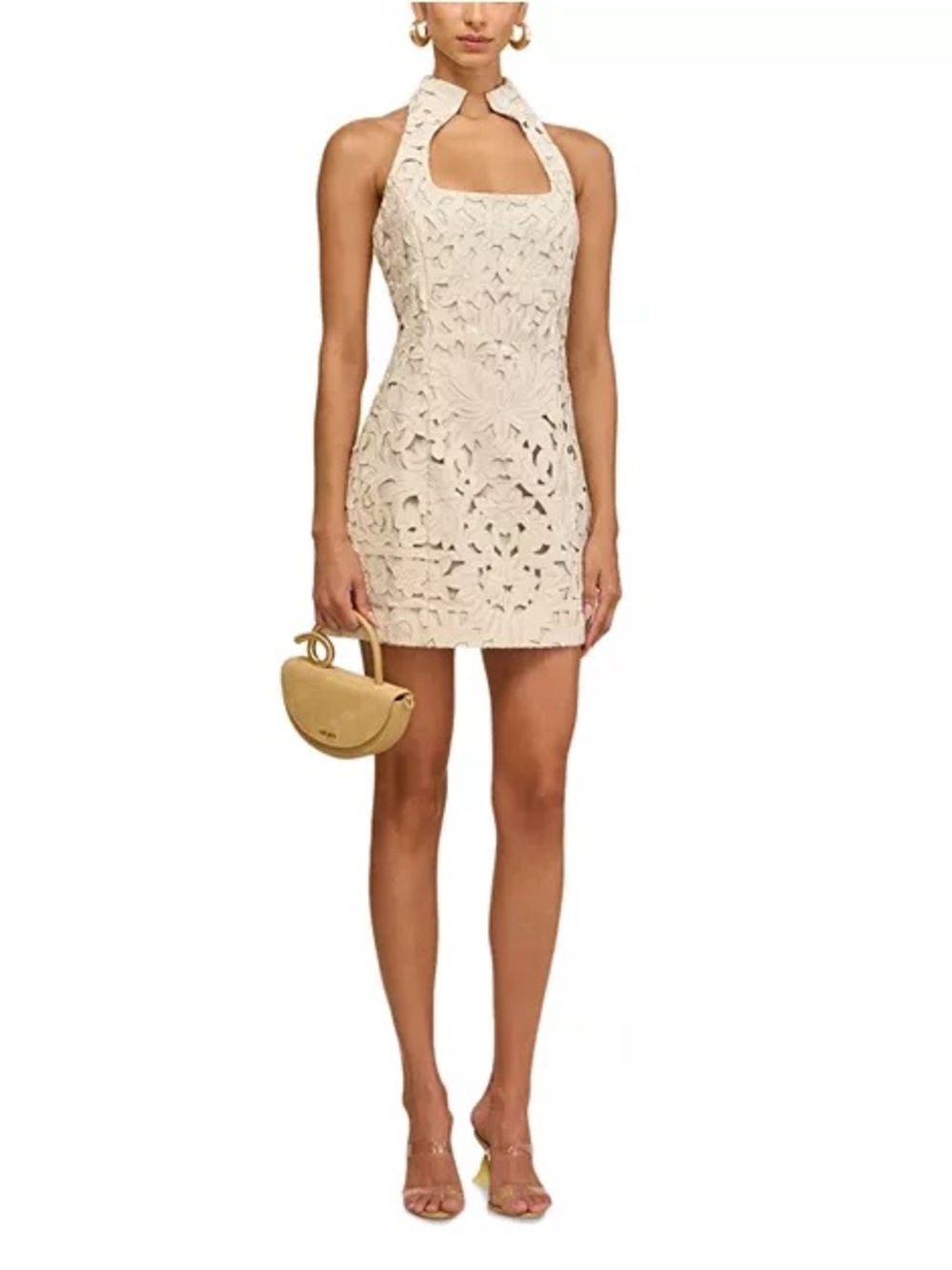 Sleeveless Cream Lace Halter Mini Dress
